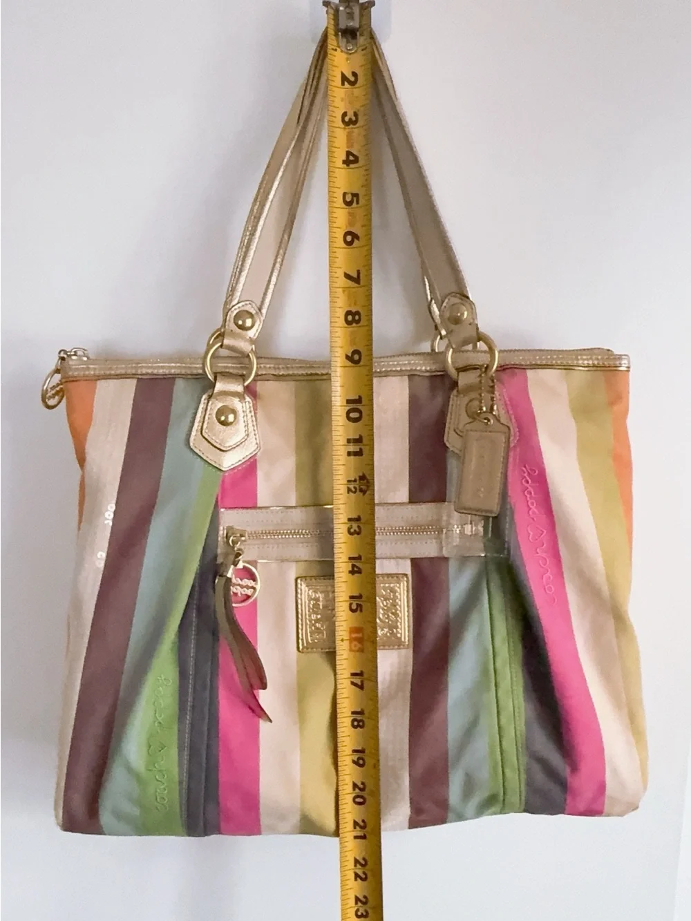 Authentic Coach Poppy Legacy Multicolor Stripes Tote Sequin & Gold Leather - Picture 10 of 12